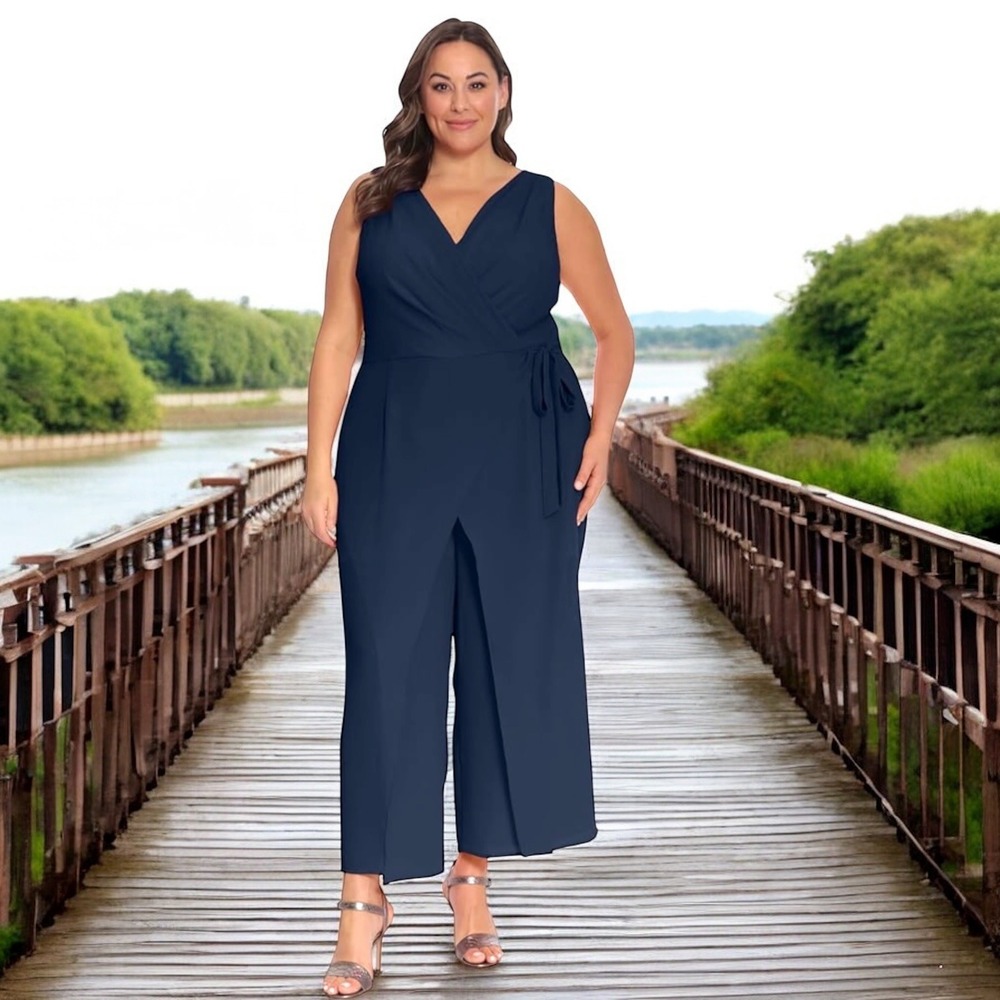 London Times Sleeveless Navy Faux Wrap Slit Leg V-Neck Jumpsuit Sz 22